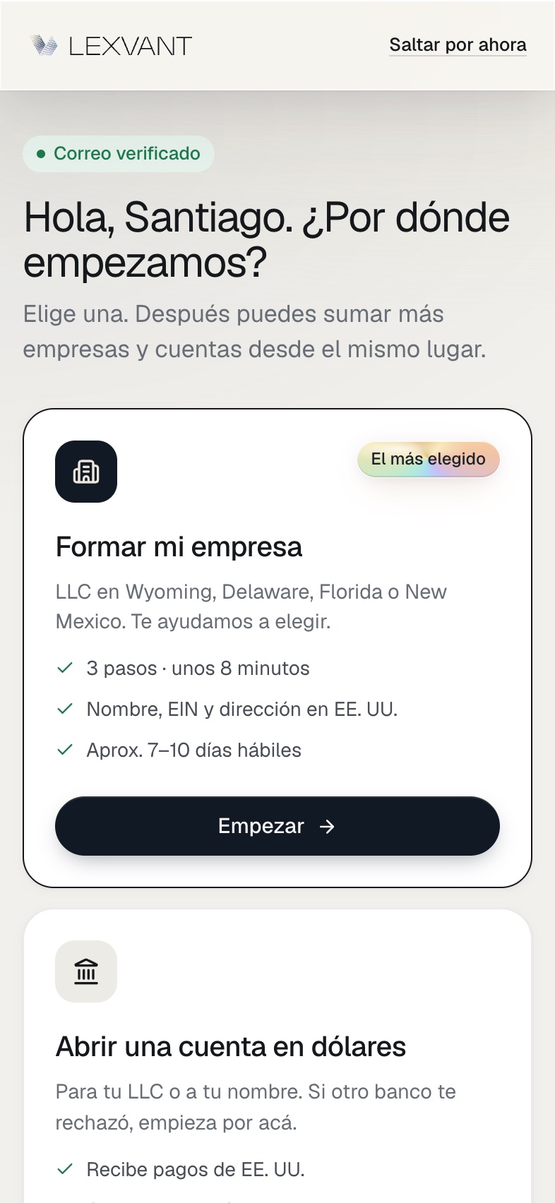Pantalla de Alta en la app de Lexvant