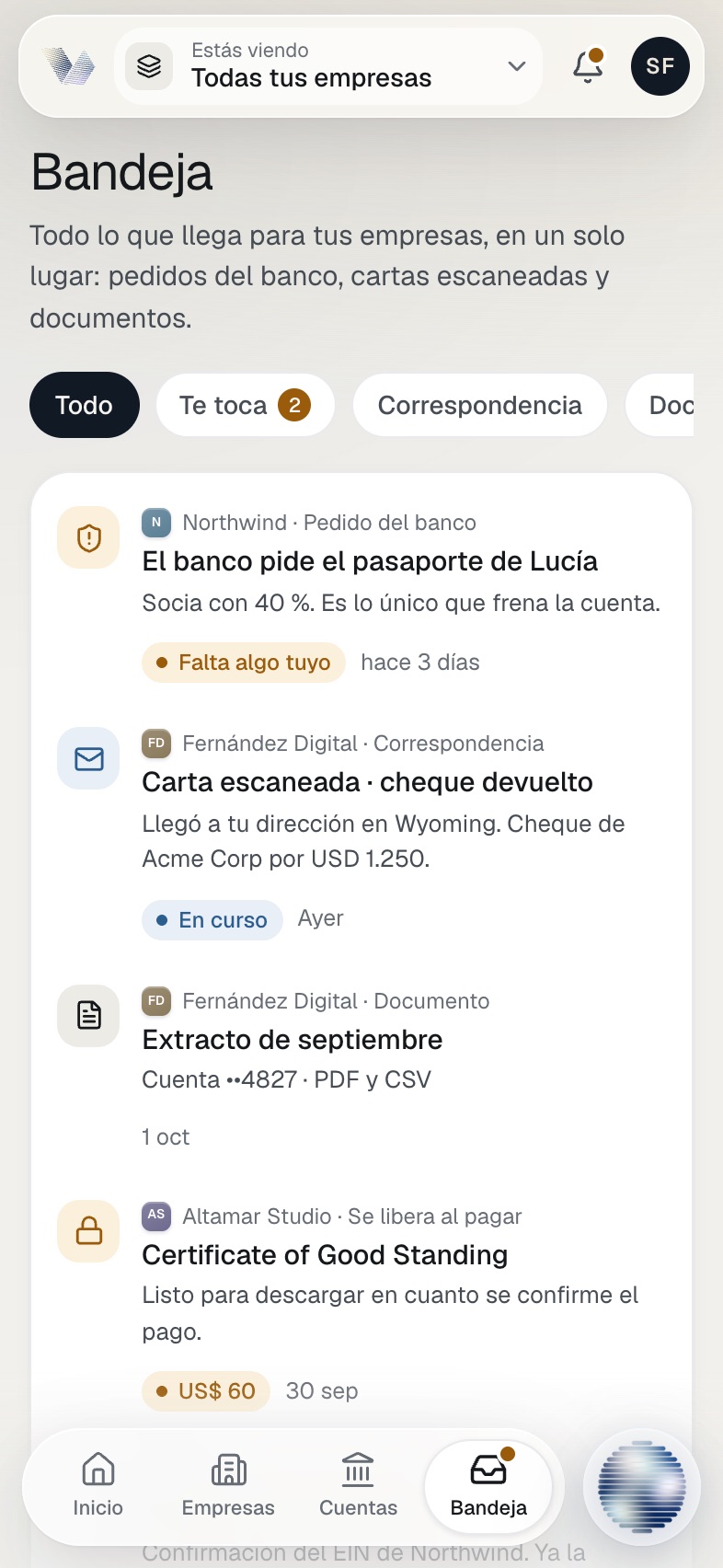 Pantalla de Bandeja en la app de Lexvant