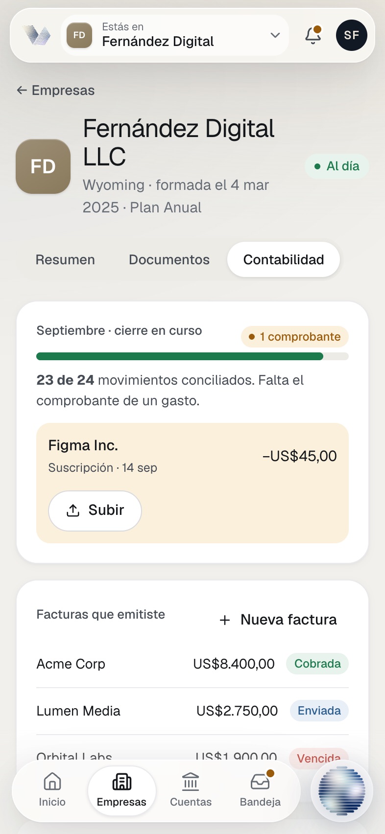 Pantalla de Contabilidad en la app de Lexvant