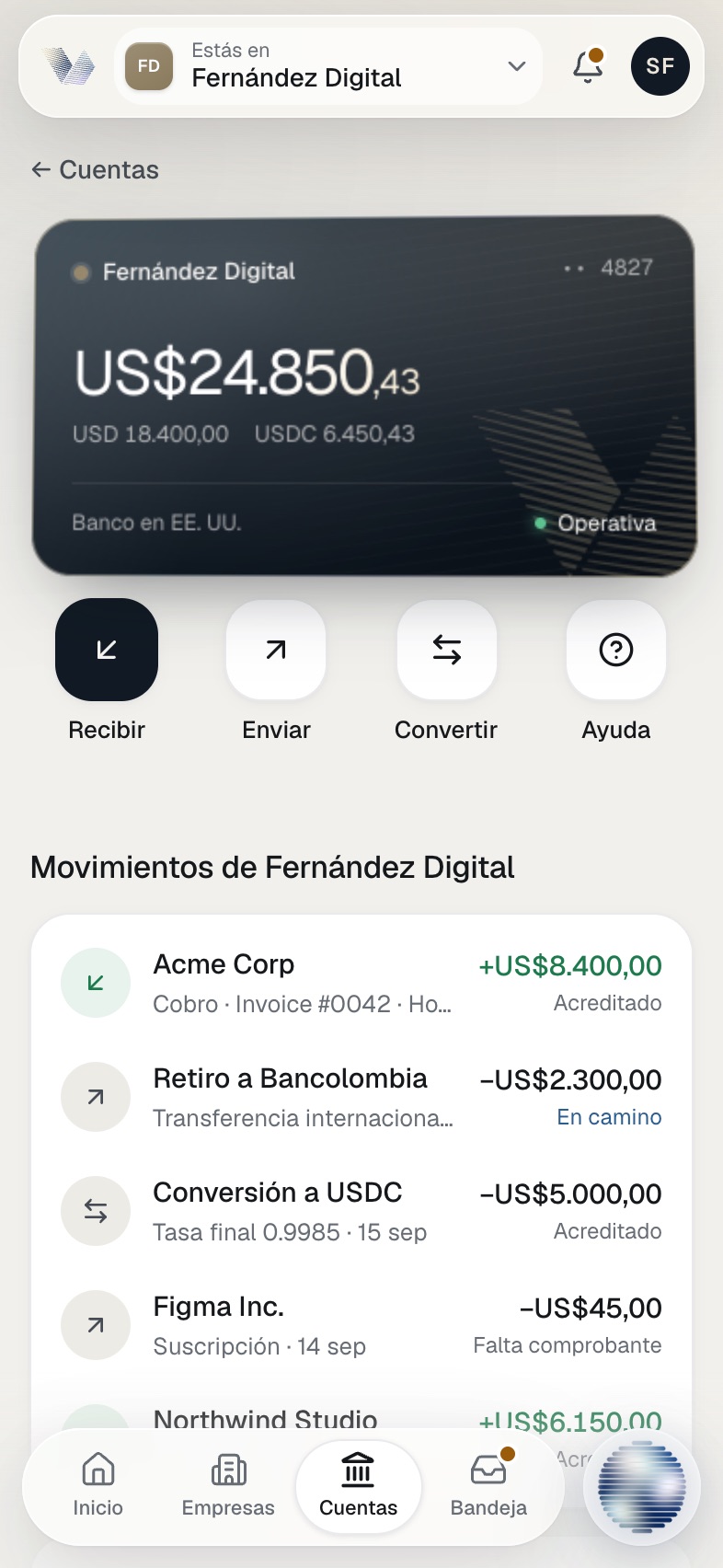 Pantalla de Cuentas en la app de Lexvant